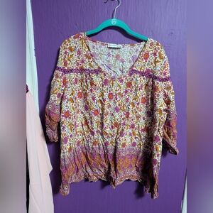 129. Rusttydustty Tan Pink Orange Floral 3/4 Sleeve Blouse 3X